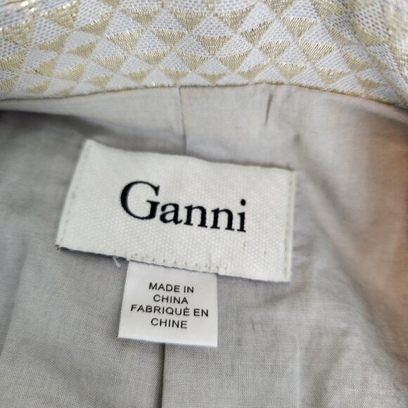 GANNI Metallic Brocade Blazer Gold Taupe Geometric Open Front Size Large - Picture 2 of 7